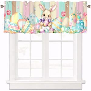 Easter Valances for Windows, Spring Easter Eggs Bunny Kitchen Short Curtains Wood Grain Farmhouse Window Treatment Rod Pocket Valance for Living Room Bedroom Bathroom 42 x 12 Inch (Lst-fhj01074)