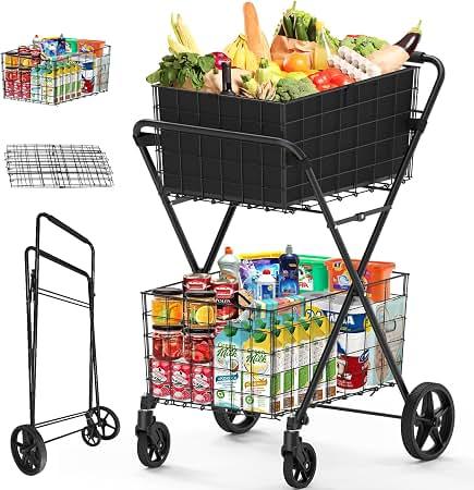 JIALIJIU 2-Tier Shopping Cart for Groceries with 360° Rolling Wheels
Folding Grocery Cart, Heavy Duty Utility Carts with 2 Waterproof Liners, Multi-Functional Trolley for Laundry, Household