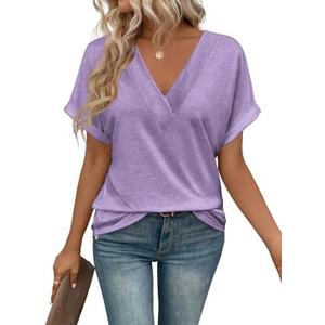 T Shirts Short Sleeve V Neck Tees Womens Tops Beach Vacation Fashion Clothes 2025 Casual Summer Spring Fall Outfits Small