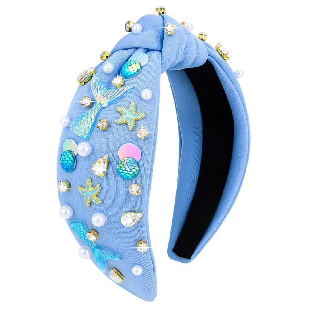 YARIEW Mermaid Knotted Headband for Women, Mermaid Birthday Decorations Seashell Hair Accessories, Starfish for Under the Sea Party Decorations Gifts Blue