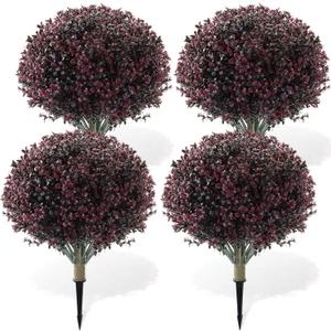 Yunlly 4 Pack 18" Artificial Boxwood Ball Bush Topiary Trees Fake Outdoor Plants, Realistic UV Resistance Faux Shrubs with Spike Greenery Topiary for Front Porch Garden Yard Patio Indoor (Dark Purple)