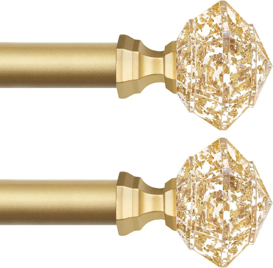 TONIAL 2 Pack Curtain Rods 32 to 58 Inch, Telescoping Splicing 3/4 Single Rods for Windows 20 to 53 Inch, Decorative Drapery Rod with Translucent Diamond Finial, Luxury Gold