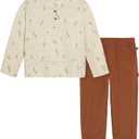 Modern Moments by Gerber Boys' Baby and Toddler Henley Shirt with Corduroy Pant Set (3T, Light Beige Trees)