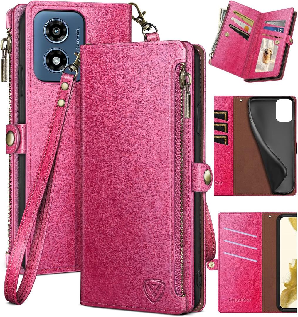 XcaseBar for Moto G 5G 2024/G Play 2024 Wallet case with Zipper Credit Card Holder【RFID Blocking】,Flip Folio Book PU Leather Phone Shockproof Cover Women Men for Moto G Play 2024 case Rose Red