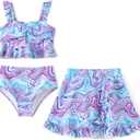 PATPAT Girl's Swimsuits 3 Piece Floral Print Ruffled Bikini Sets Bathing Suit with Cover Up Beach Skirt Summer Beachwear (7-8 Years)