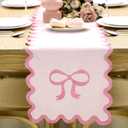 Pink Bow Table Runner 72 Inches Embroidery Scalloped Table Runner Cute Coquette Dining Decor for Birthday Baby Shower Party Valentine Home Decor