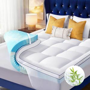 Queen Size 4 Inch Dual Layer Mattress Topper, 2 Inch Fluffy Soft Pillow Top Mattress Pad Cover and 2 Inch Gel Memory Foam for Back Pain Relief, Breathable, Cooling