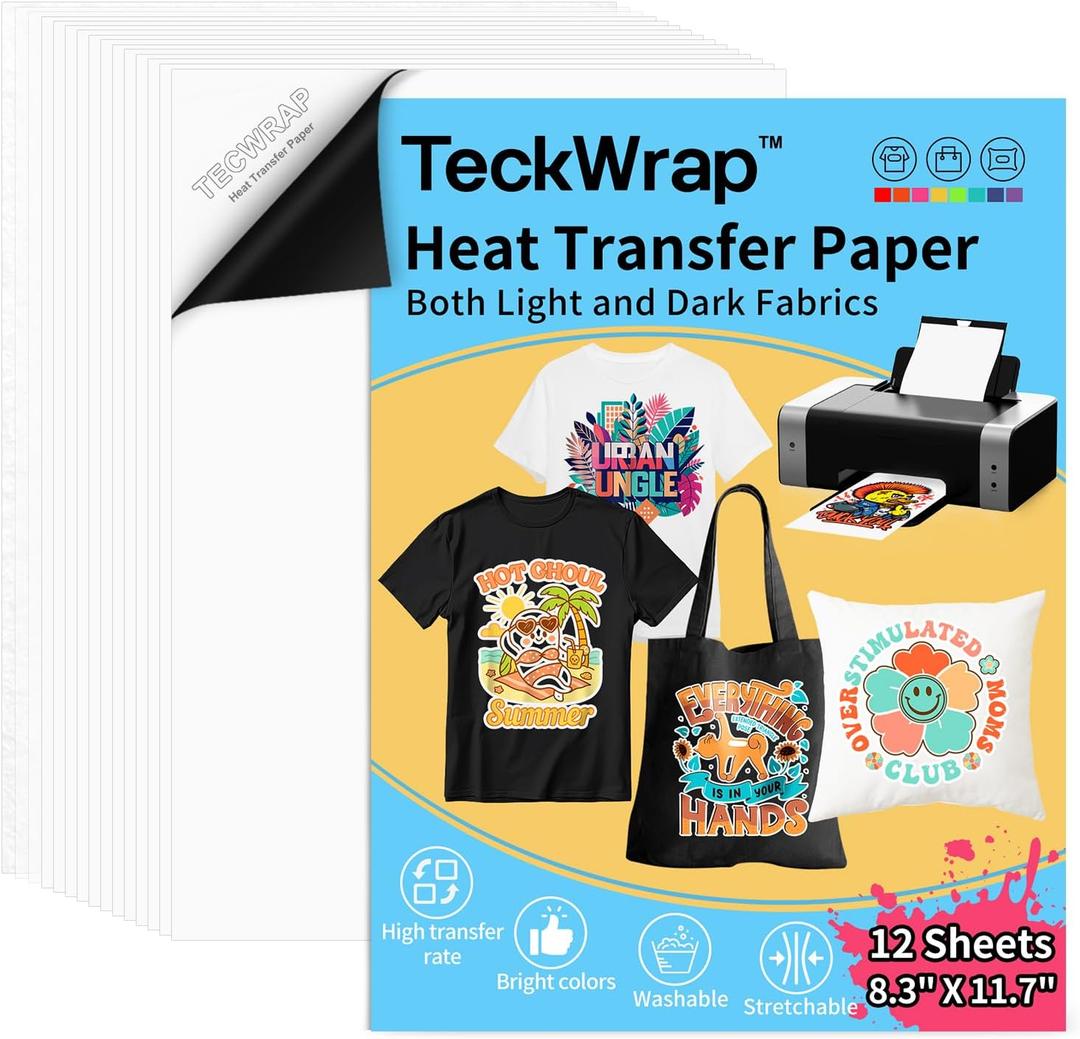 TECKWRAP Printable Heat Transfer Paper for T-Shirts Heat Press 8.3" X 11.7"?12 Sheets Matte Printable Heat Transfer Vinyl for Inkjet Printer, Iron on Transfer Paper for Both Light and Dark Fabric
