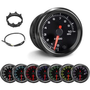 7 Color RPM Gauge, 10,000 RPM Tachometer Tach Gauge Kit 2-1/16" 52mm LED Backlight - Black Dial - Clear Lens - Accurately Displays The RPM of Vehicles with 1-10 Cylinder Gasoline Engines