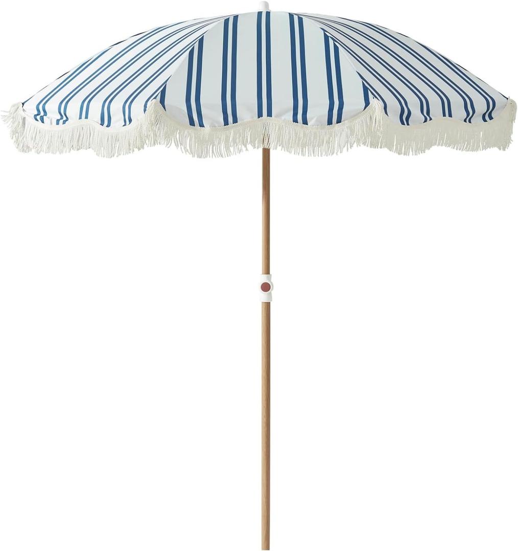 6.5FT Striped Beach Umbrella with Fringe, UPF 50+ Sun Protection with Silver Coating, Adjustable Height and Tilt Design, Wind-Resistant Fiberglass Ribs, Wood Grain Iron Pole, Lightweight Design with Portable Carry Bag, Base Not Included (Navy)