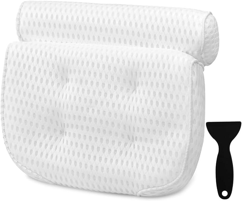 Bath Pillow Bathtub Pillow - Bath Pillows for Tub with Neck, Head, Shoulder and Back Support - 4D Air Mesh Spa Pillow for Bath - Extra Thick, Soft and Quick Dry (1 Count (Pack of 1), White)