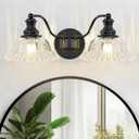 GMTB Black Bathroom Light Fixtures Over Mirror, 3 Light Vintage Bathroom Vanity Light Fixture with Clear Flower Glass Shades, Retro Vanity Lights for Bathroom, Bathroom Vanity Lights Over Mirror