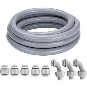 1 Inch 25 FT Liquid-Tight Conduit and Connector Kit Non Metallic Flexible Conduit Electrical Kit - 5 Straight and 3 Angle Fittings Included for Electrical Wiring 1 Inch 25 FT Liquid-Tight Conduit and Connector Kit Non Metallic Flexible Conduit Electrical Kit - 5 Straight and 3 Angle Fittings Included for Electrical Wiring