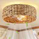 Caged Rattan Ceiling Fans with Lights,Boho Flush Mount Ceiling Fan with Light,Wicker Cage Ceiling Light Fixture,4-Light Farmhouse Bohemian Ceiling Lamp for Kitchen Bedroom Hallway