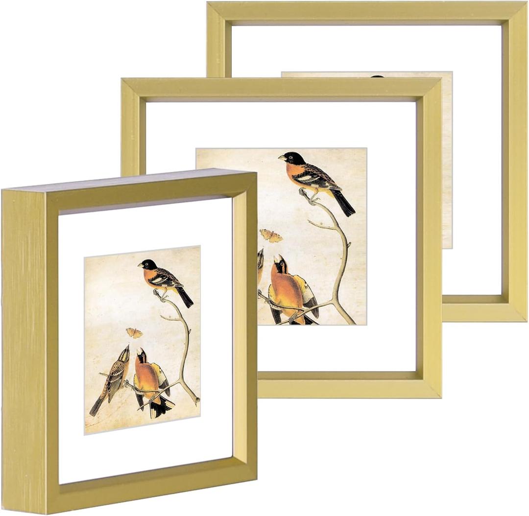 3x3 Picture Frame Set of 3, Brass Metal Square Photo Frames with HD Glass, Fits 2x2 with Mat or 3 x 3 without Mat, Display for Wall and Table