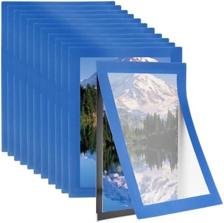 PATIKIL 4 x 6 Inch Magnetic Sign Holder, 12Pcs Self-Adhesive Magnetic Border Wall Mount PVC Picture Frames Document Holder for Wall Window Home Office Store Poster, Sky Blue
