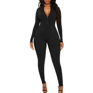Mizoci Women's Sexy Bodycon Long Sleeve One Piece Jumpsuit V Neck Zip Up Ribbed Full Romper (Large, Black)