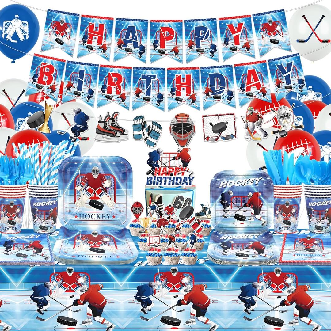 Hockey Birthday Party Decorations - Ice Hockey Party Supplies including Banner, Plate, Cake Topper, Cup, Napkin, Balloon, Tablecloth for Hockey Party Decoration - Serves 20