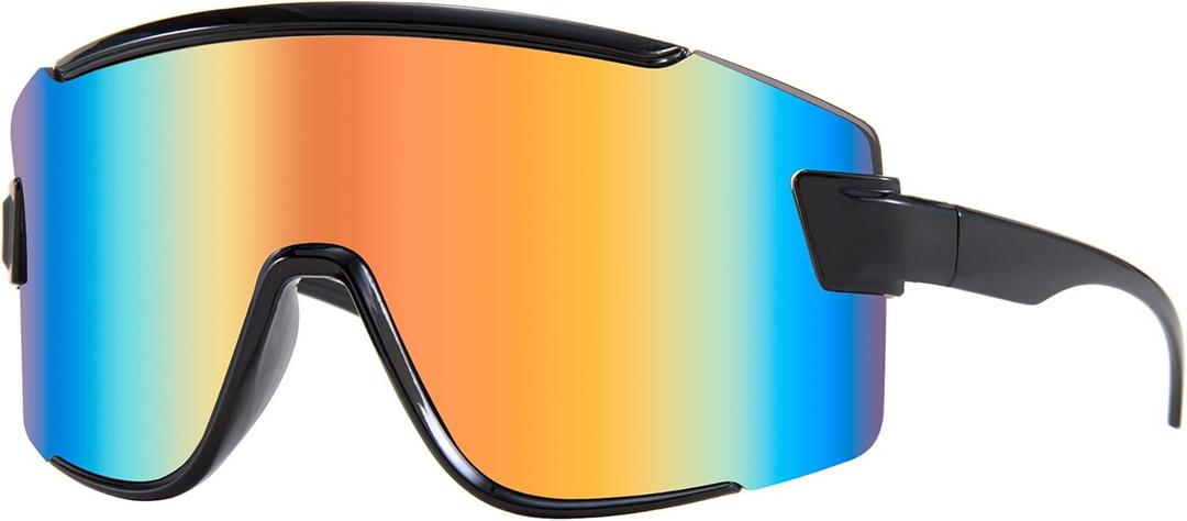 Karsaer Vision Big Shield Wraparound Sunglasses Rave for Men Women Neon Sun Visor Glasses Cycling Ski Shades 80s 90s (Red Rainbow Mirror)