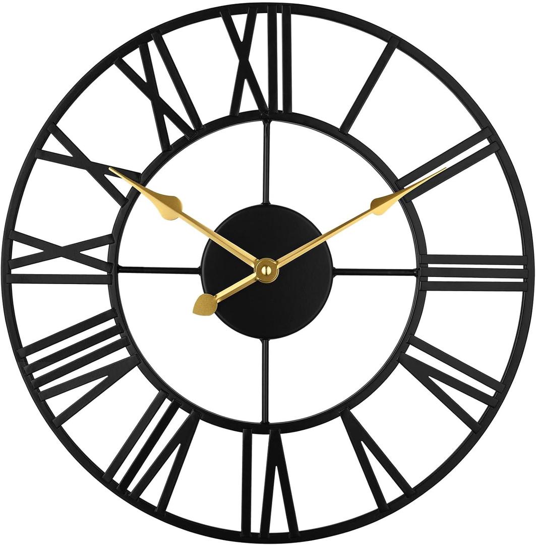 Large Wall Clock for Living Room Decor - Wall Clock for Kitchen - 16 inch Big Wall Clock Decorative - Metal Wall Art - Analog Large Clock for Bedroom, Home, Kitchen, Office, Wall Decor (Black)