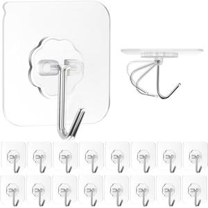 ZESLMG Adhesive Wall Hooks for Hanging, 12 Pack Self Sticky Hooks Heavy Duty 22lb Clear, Removable Shower Hook No Damage for Towel Key Coat Wreath Picture Outdoor Ceiling Bathroom Kitchen, Waterproof