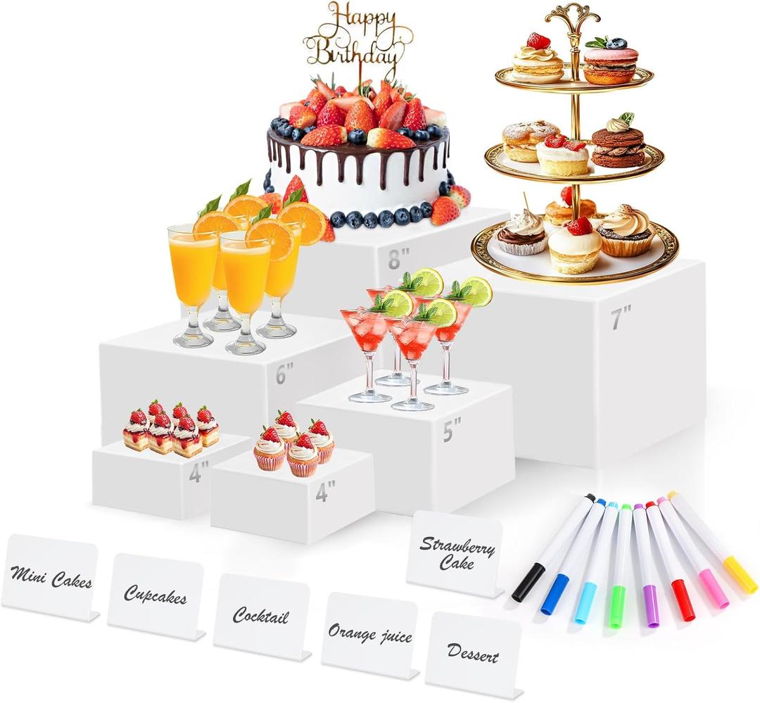 6 Pcs White Acrylic Buffet Risers with Mini Sign and Maker, Food Display Stands for Buffet Table Party Catering Dessert Jewelry Collectibles,Nesting Cube Boxes with Hollow Bottoms (8",7",6",5",4",4")