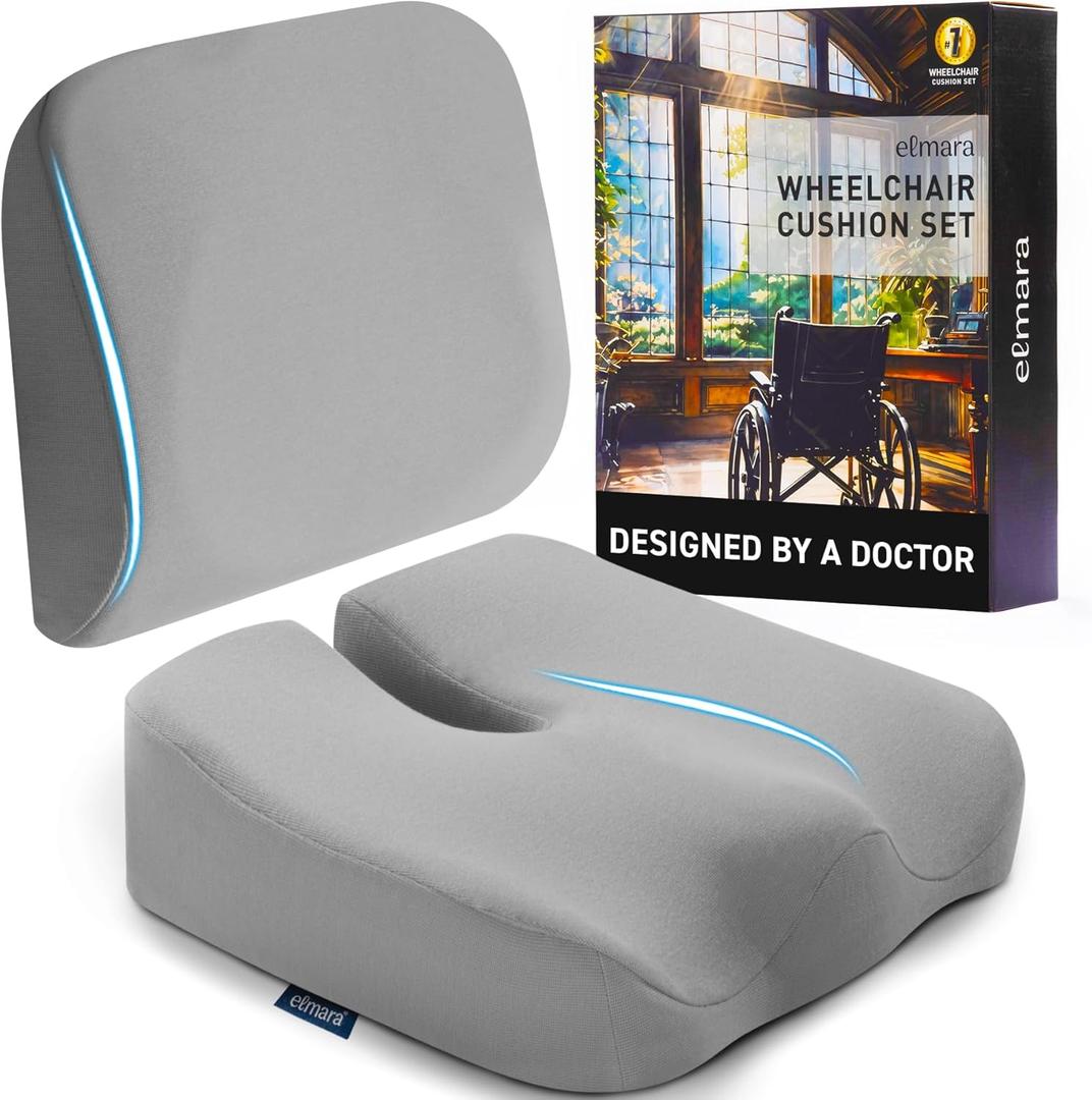 Elmara Doctor-Designed Wheelchair Seat Cushion Set – The Ultimate Comfort Solution – Thick Wheelchair Cushions Relieve Back & Sciatica Pain – Wheel Chair Cushions for Seniors, Wheelchair Pad (Gray)