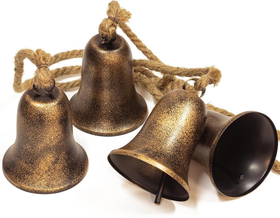 KI Store Triangular Christmas Bell Cluster 4pcs Hanging Metal Cow Bells on Jute Rope for Wreath Garland Christmas Fireplace Mantel Porch Towel Ladder Wall Decor 28-Inch