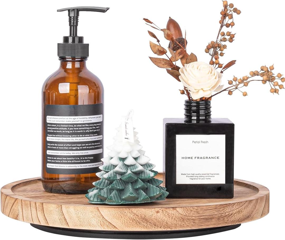 Wood Lazy Susan Organizer Kitchen Turntable for Cabinet Farmhouse Bathroom Decor Round Decorative Tray for Vanity, Counter, Sink, Coffee Table, 10 Inch, Brown