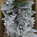 Set of 2 30 Inch Prelit Outdoor Christmas Trees, Artificial Battery Operated Snow Flocked Xmas Tree with Stake, Silver Berries, Pine Cones, Ball Ornaments, 8 Lighting Modes & Timer Included