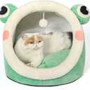 Jiupety Cute Cat Bed, Indoor Lovely Velvet Igloo for Cat and Small Dog, Warm Cave Sleeping Nest Bed for Puppy and Kitten, Green Frog, L