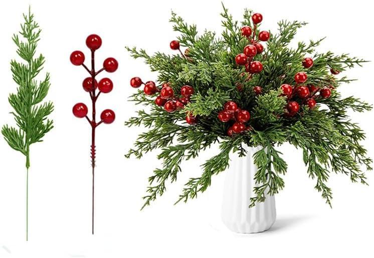 Artificial Faux Christmas Norfolk Pine Stems Branches for Vases,35 Bundles Fake Evergreen Real Touch Greenery Stem with 10 PCS Red Berry Branches for Xmas Holiday Winter Table Indoor Decor (B)