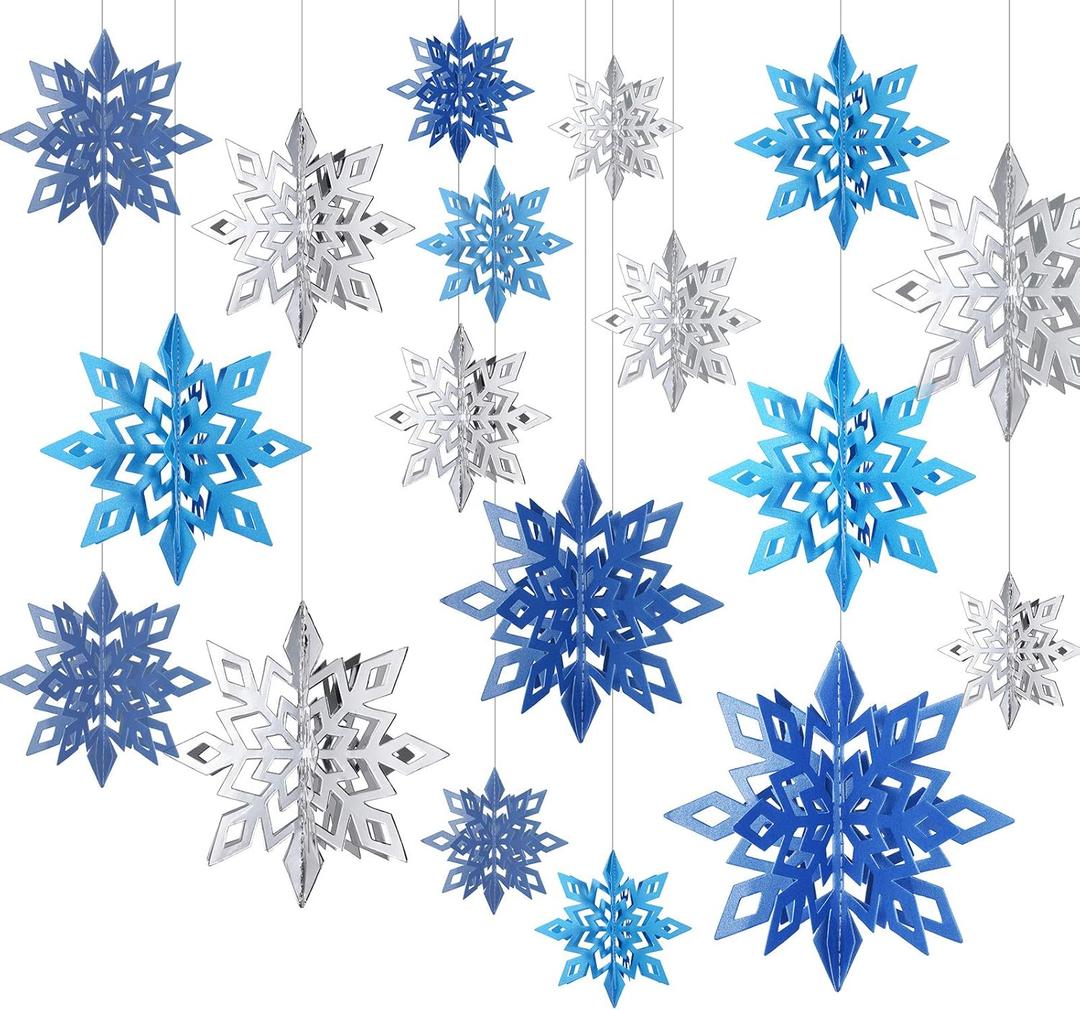 3D Hollow Christmas Winter Hanging Snowflakes Ornaments Decorations Glittery Large Snowflake Pendant Garlands for Winter Wonderland Party Home Decoration (Silver, Light Blue, Dark Blue,18 Pieces)