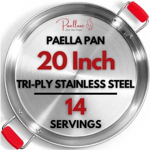 Paelluxe Stainless Steel Paella Pan 20 Inch (50 cm) – Large Tri-Ply Paellera for 14 Servings, Party Size, Induction & Oven Safe, Rust-Free No Seasoning, Spanish Paella Pan with Hot Handle Holders