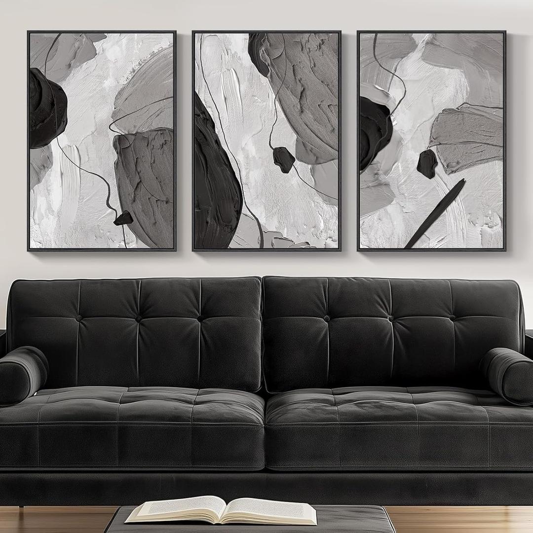 OIQArtOIQ 3 Piece Large Abstract Canvas Wall Art For Living Room Black White Framed Wall Art Modern Minimalist Luxury Elegant Art Prints Artwork For Bedroom Office Dining Room 16x24 in, 3 Pieces