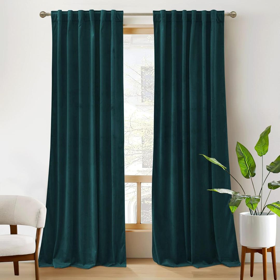 RYB Home Velvet Curtains 120 inches 2 Panels Set - Super Soft Durable Window Drapes Room Darkening Energy Smart Back Tap for Apartment Villa Room Backdrops, Peacock Blue, W52 x L120, 2 Panels