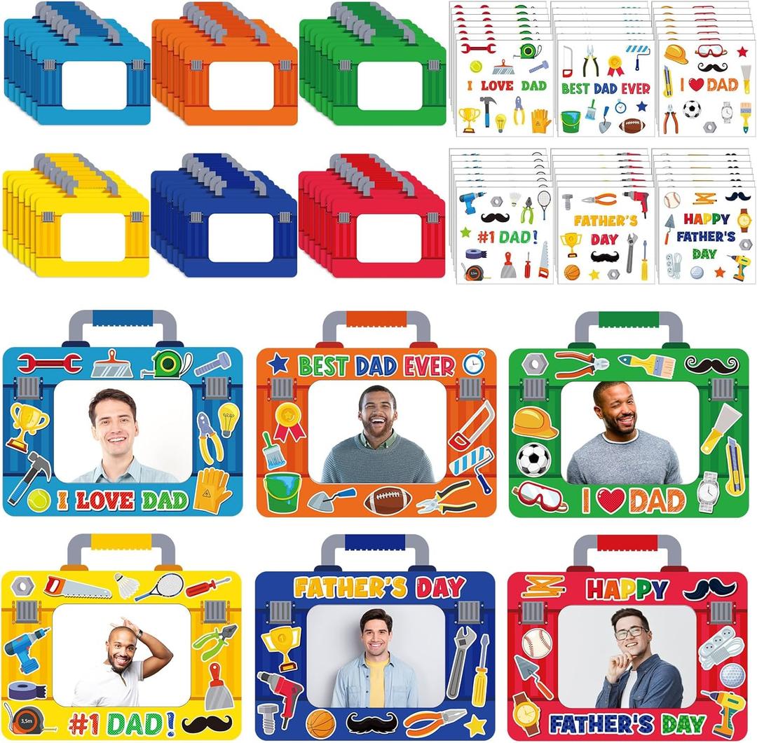 Fuutreo 96 Packs Father's Day DIY Craft Kits I Love Dad DIY Picture Frames with Stickers Tool Box Paper Photo Frames Happy Father's Day Gifts Craft for Party Decor