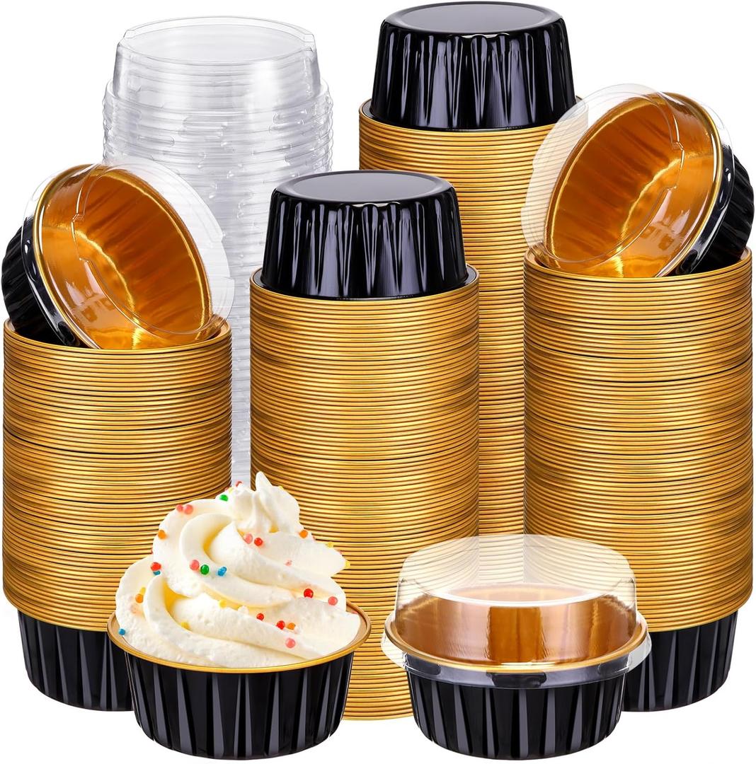 Gejoy 400 Pcs Aluminum Foil Baking Cups with Lids 5 oz Disposable Ramekins Mini Cake Pans Creme Brulee Cupcake Liners Muffin Tins Flan Mold Dessert Container for Wedding(Black, Gold,Classic)