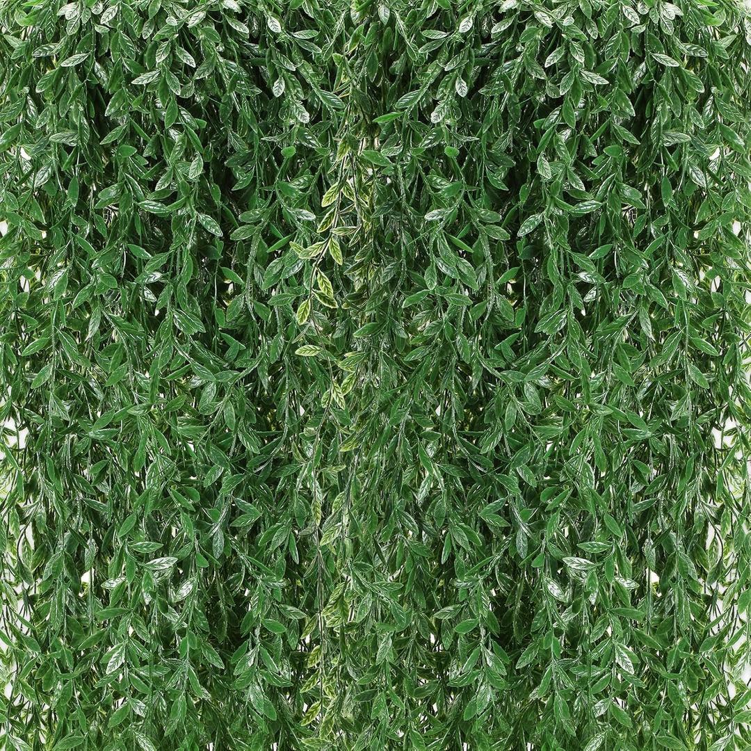 Riceshoot 48 Pcs Artificial Hanging Vines Fake Weeping Willow Leaves Decor Fake Seaweed Artificial Vines Greenery Garland for Wedding Party Backdrop Wall Decor Garden Patio Backyard (Dark Green)