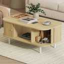 FROMJBEST 39.17" Oval Coffee Table with Sliding Doors, Mid-Century, Oak