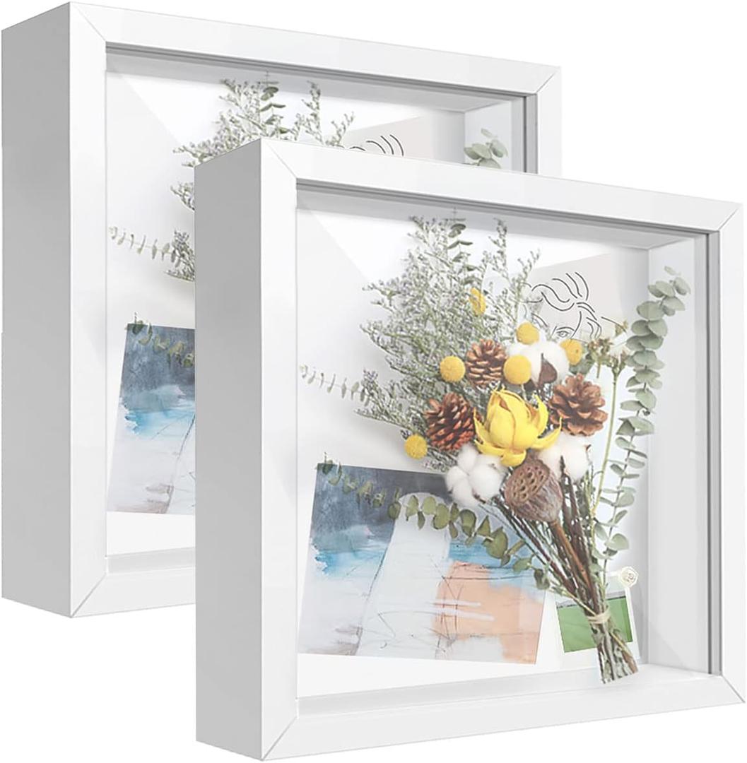 8x8 White Shadow Box Frame Display Case (2 Packs) with Letter Stickers, Display Case Box for Memorabilia, Baby Items, Wedding Memories, Crafts, Tickets and Photos