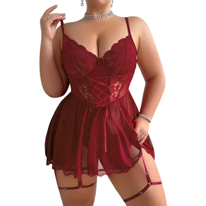 Women Plus Size Lingerie Mesh Babydoll Dress Sexy Lace Nightgown Lace Up Sleepwear Nighty with Gater Belt, Size XL