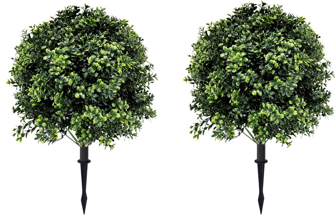 Artificial Boxwood Topiary Ball Tree with Ground Spike 27.5", Set of 2 Outdoor Faux Plants UV Resistant Fake Bushes Shrubs for Garden, Yard, Porch, Patio Decor