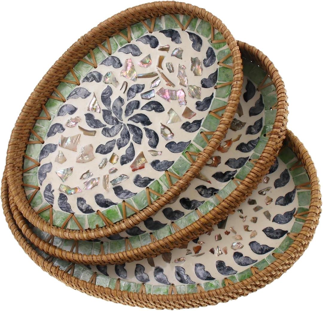 Rattan Serving Tray with Mother of Pearl Inlay, Handwoven Boho Decor Bread Basket for Fruit Food Coffee Table Home Decor Kitchen Set of 3 Sizes (Black Daisy)