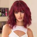 Burgundy Bob Wig For Women Short Wavy Wigs with Bangs Shoulder Length Hair Heat Resistant Curly Synthetic Wigs For Girls Daily Use(99J) (14 Inch)