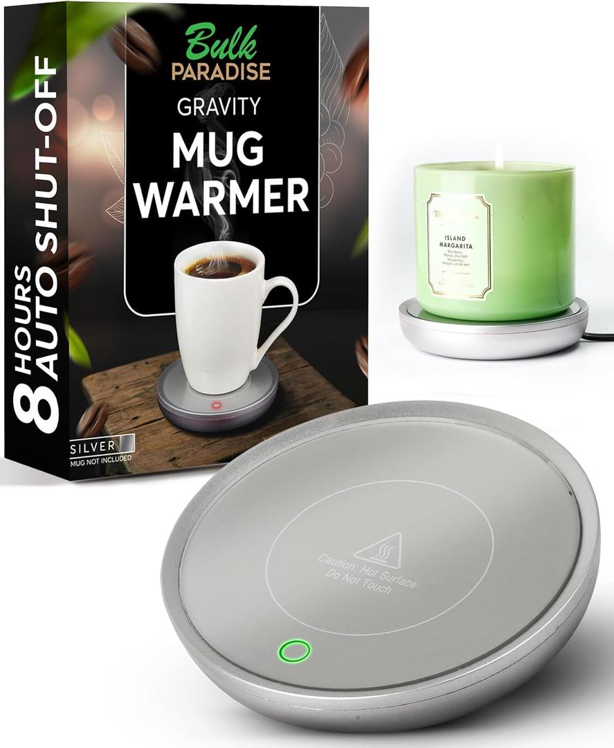 Coffee Mug Warmer with Auto Shut-Off  Compact 17W Cup Warmer for Desk with Gravity Switch  Electric Candle Warmer Plate for Jar Candles  Keeps Coffee, Tea & Drinks Warm  Safe & Durable (Silver)