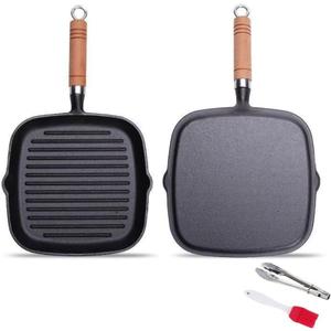Nonstick Cast Iron Grill Pan with Double Spouts, 8.7-inch Durable Skillet for Stove Tops, Ideal for Indoor & Outdoor Cooking (8.7inch / 22cm)