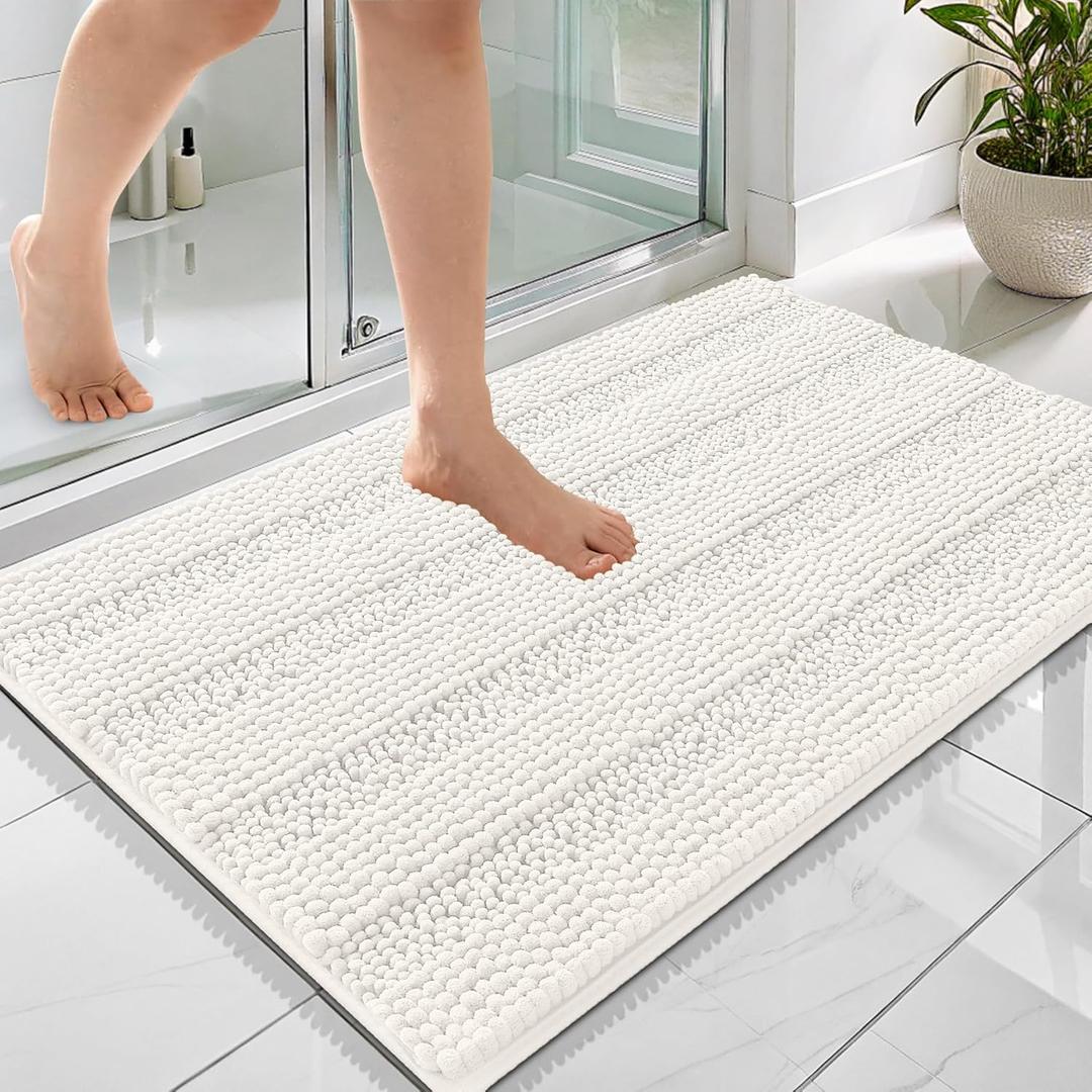OLANLY Thick Bathroom Rugs 36x24, Extra Soft Absorbent Chenille Striped Bath Rugs, Rubber Backing, Machine Wash Dry, Bath Mats for Bathroom Floor, Tub and Shower, Home Decor Accessories, Ivory