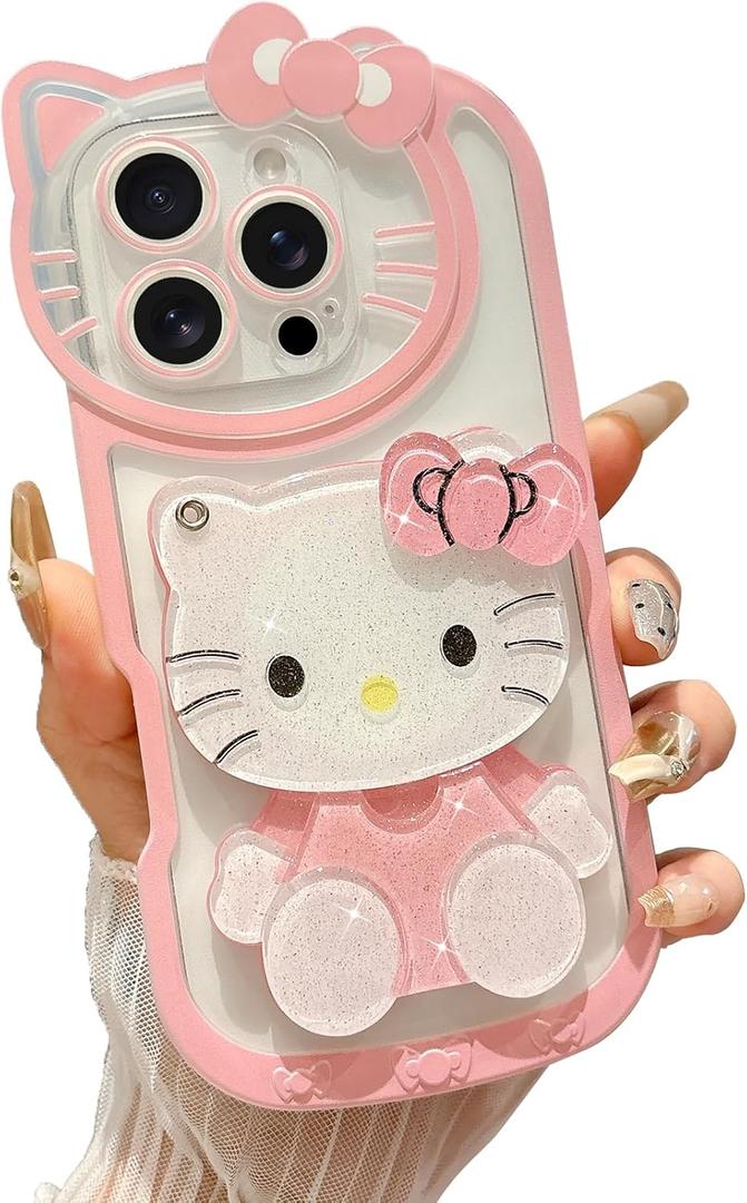 Cute Cartoon Case Designed for iPhone 16 Pro 6.3 inch, 3D Bow Funny Cartoon Cat Case with Makeup Mirror for Girls Women Soft Silicone Clear Shockproof Phone Cover for iPhone 16 Pro, Pink