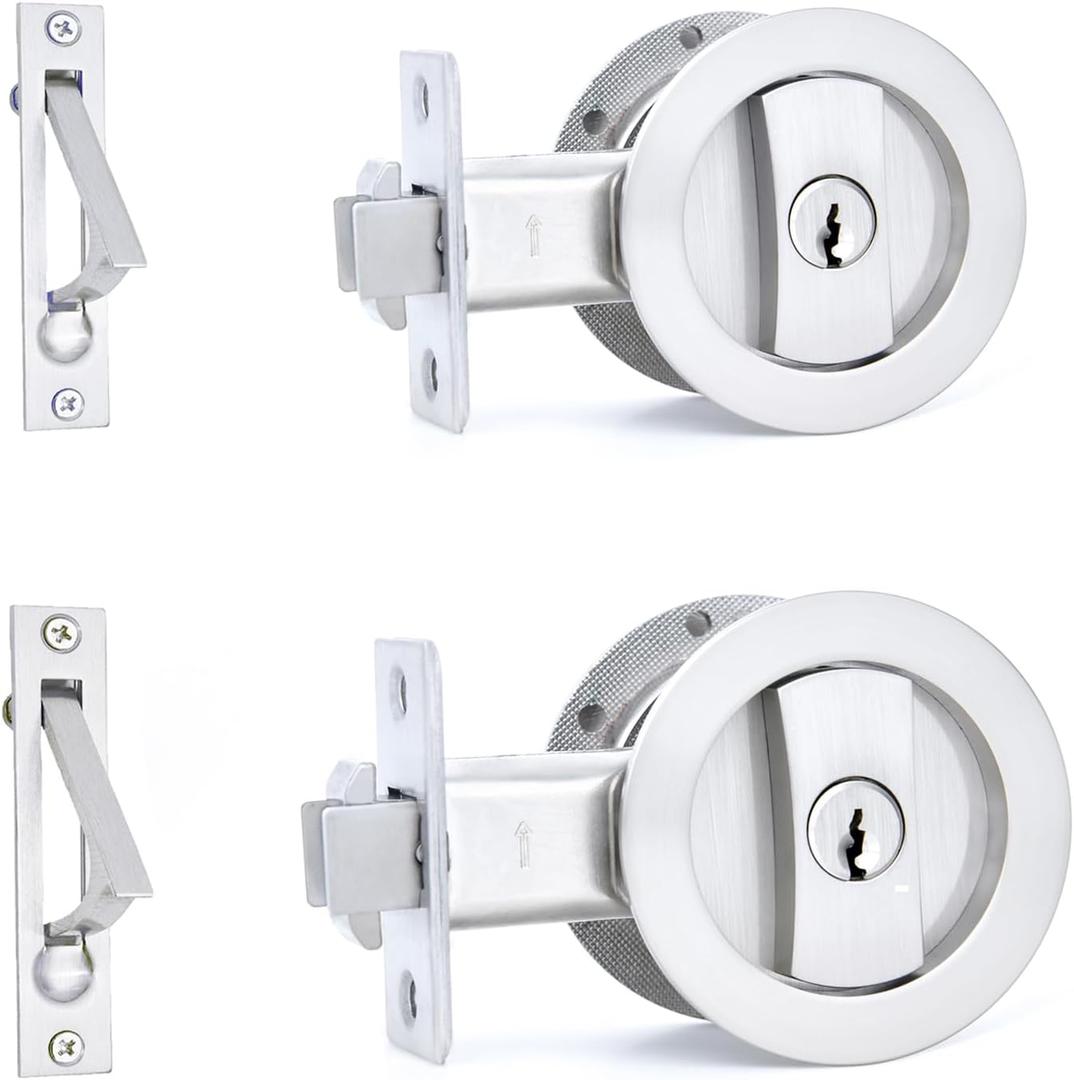 Dontay 2 Pack Pocket Door Lock with Key, Contemporary Entrance Sliding Barn Door Lock Latch, Recessed 2 Sided, 2 3/8" Backset, Flush Handles Hardware (Including Edge Pull, Brushed Nickel, Round)